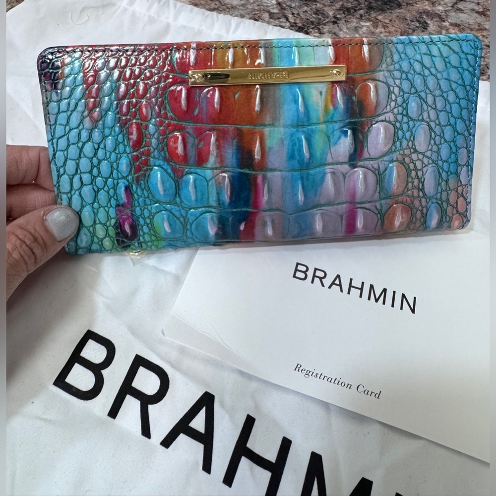 Brahmin Blue Pink Purple Multicolor Croc-Embossed Continental Wallet